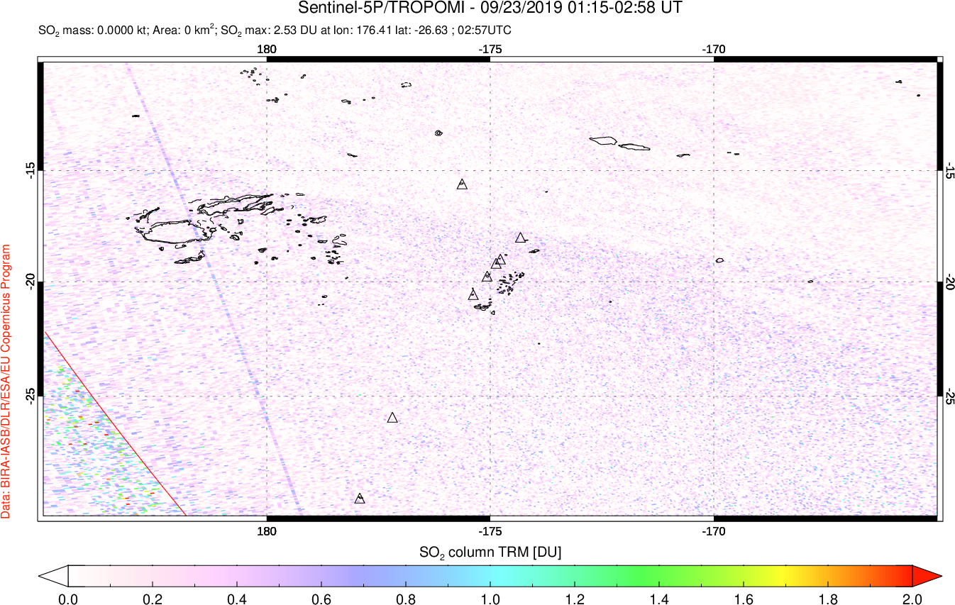 A sulfur dioxide image over Tonga, South Pacific on Sep 23, 2019.