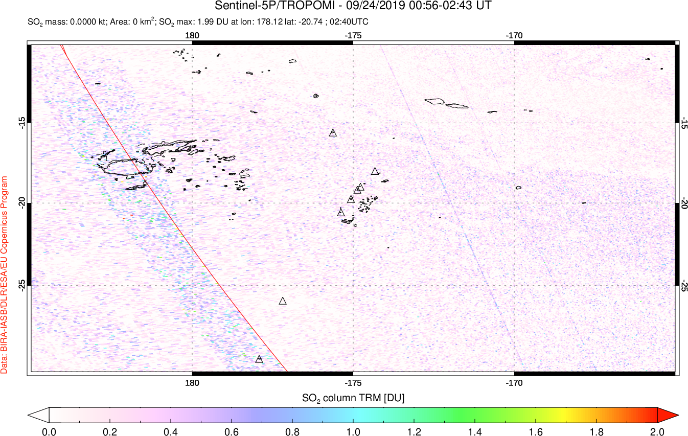 A sulfur dioxide image over Tonga, South Pacific on Sep 24, 2019.