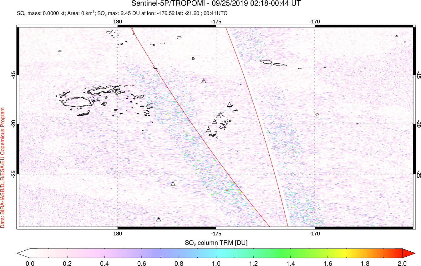 A sulfur dioxide image over Tonga, South Pacific on Sep 25, 2019.