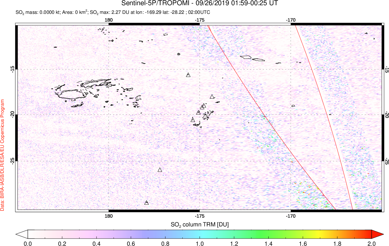 A sulfur dioxide image over Tonga, South Pacific on Sep 26, 2019.