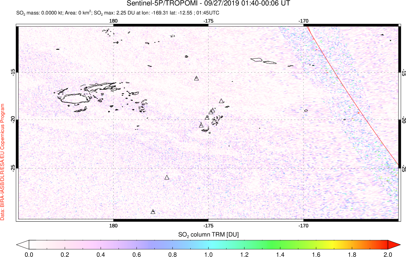 A sulfur dioxide image over Tonga, South Pacific on Sep 27, 2019.