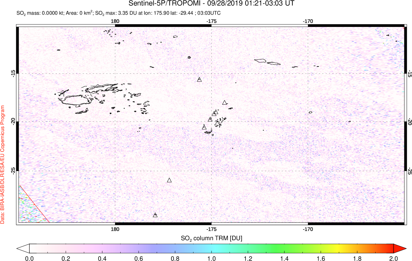 A sulfur dioxide image over Tonga, South Pacific on Sep 28, 2019.