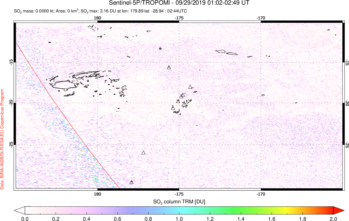 A sulfur dioxide image over Tonga, South Pacific on Sep 29, 2019.