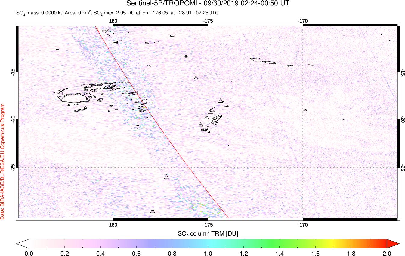 A sulfur dioxide image over Tonga, South Pacific on Sep 30, 2019.