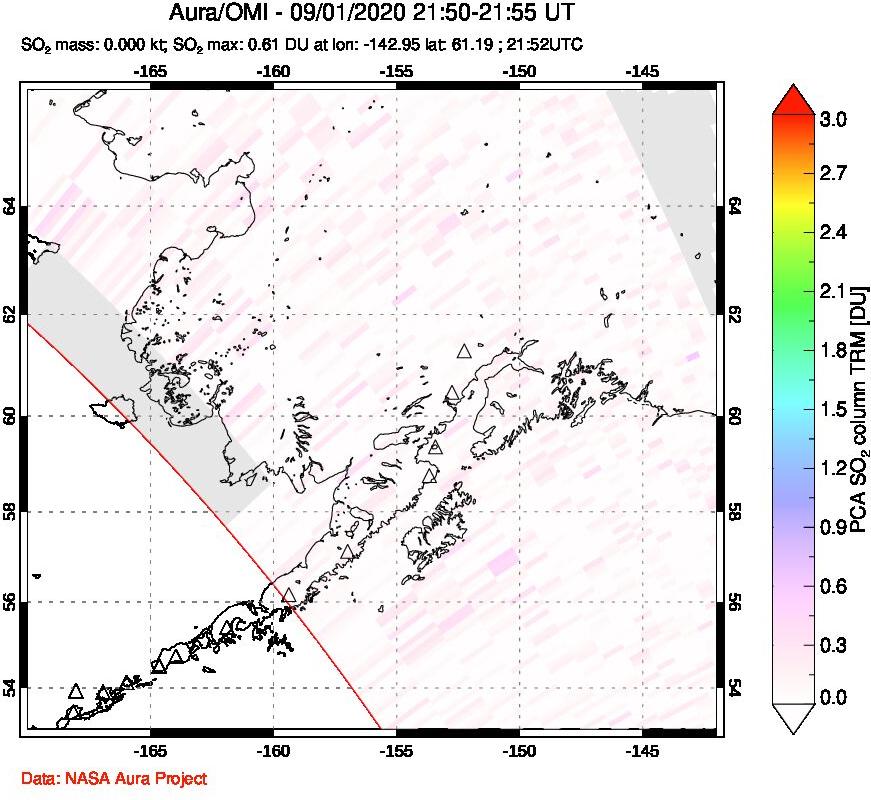 A sulfur dioxide image over Alaska, USA on Sep 01, 2020.
