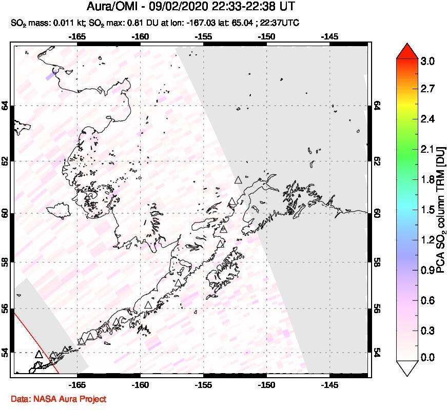 A sulfur dioxide image over Alaska, USA on Sep 02, 2020.
