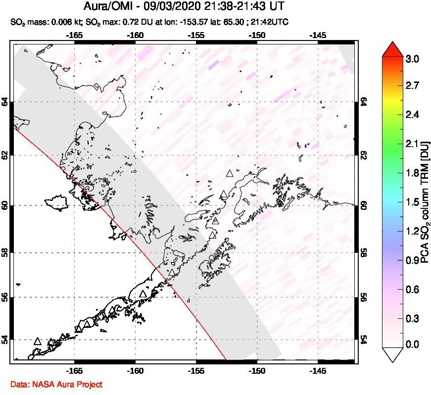 A sulfur dioxide image over Alaska, USA on Sep 03, 2020.