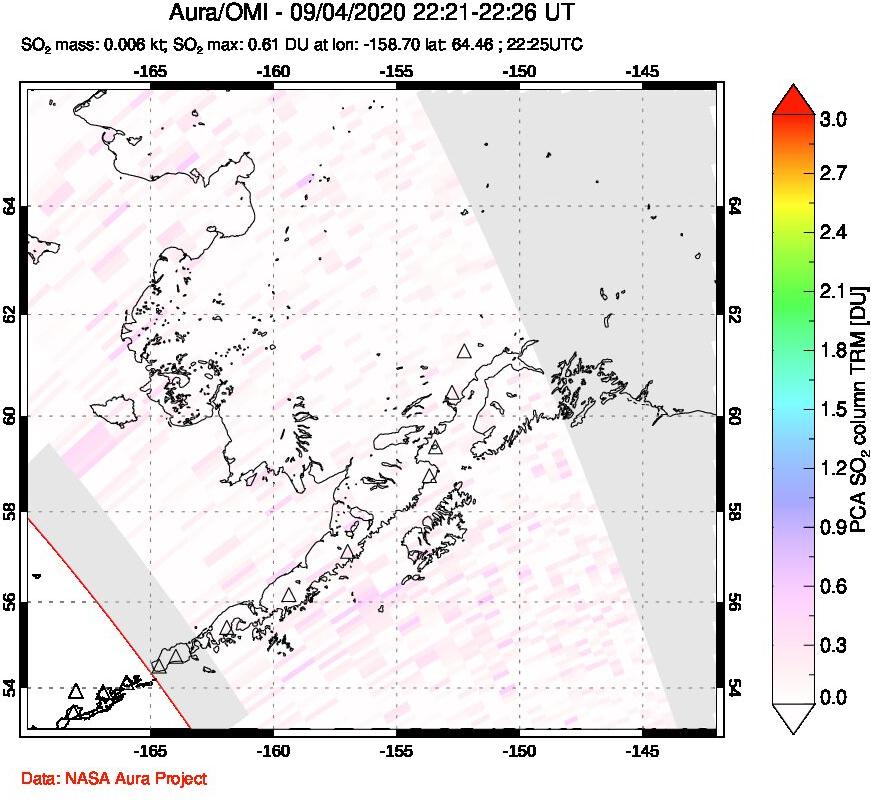 A sulfur dioxide image over Alaska, USA on Sep 04, 2020.