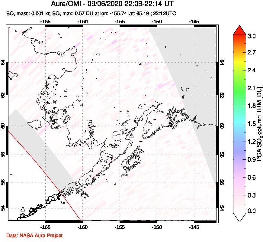 A sulfur dioxide image over Alaska, USA on Sep 06, 2020.