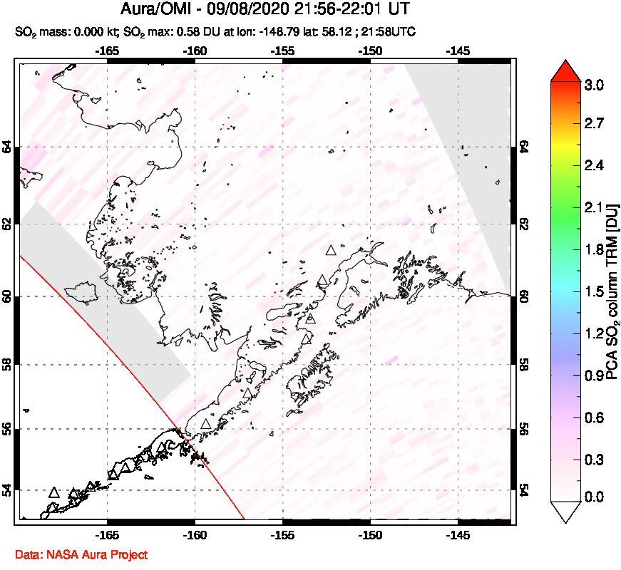 A sulfur dioxide image over Alaska, USA on Sep 08, 2020.