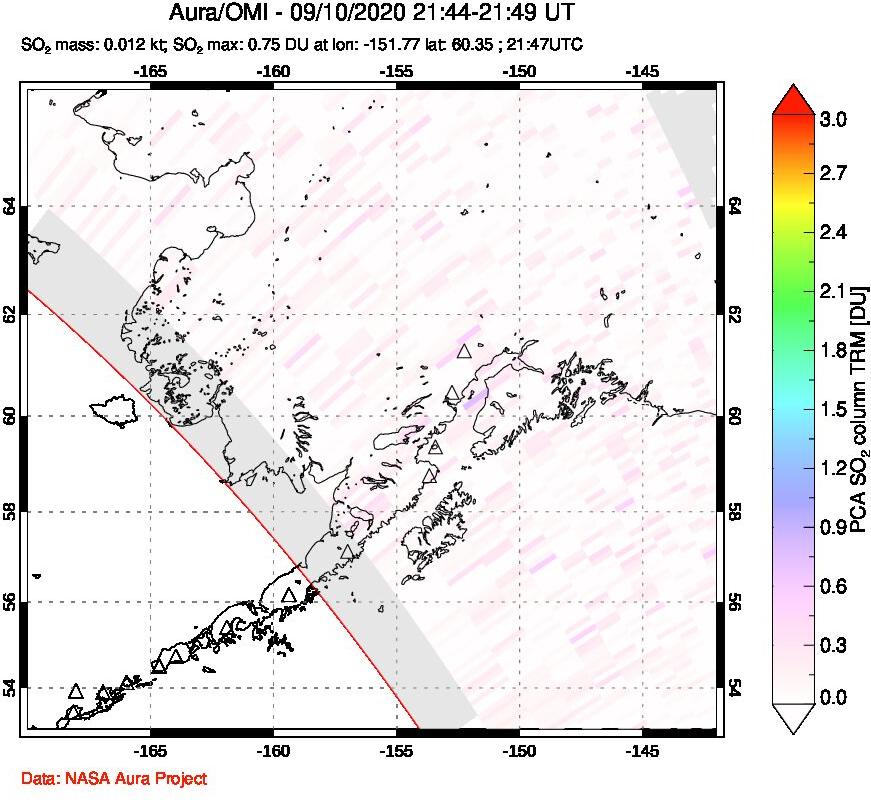 A sulfur dioxide image over Alaska, USA on Sep 10, 2020.