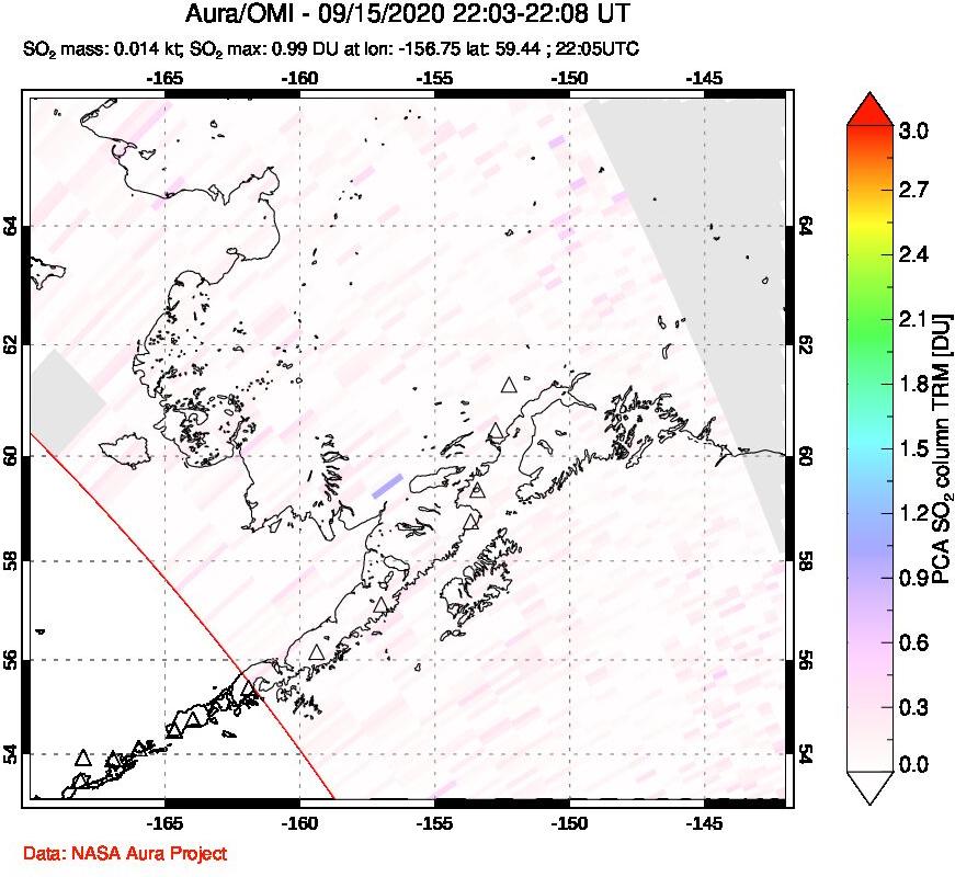 A sulfur dioxide image over Alaska, USA on Sep 15, 2020.