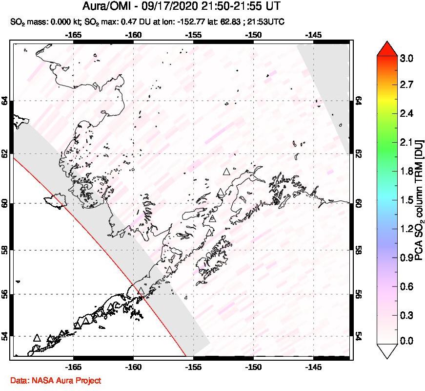 A sulfur dioxide image over Alaska, USA on Sep 17, 2020.