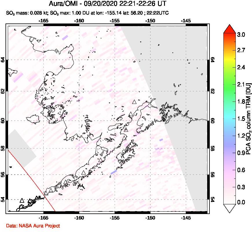 A sulfur dioxide image over Alaska, USA on Sep 20, 2020.