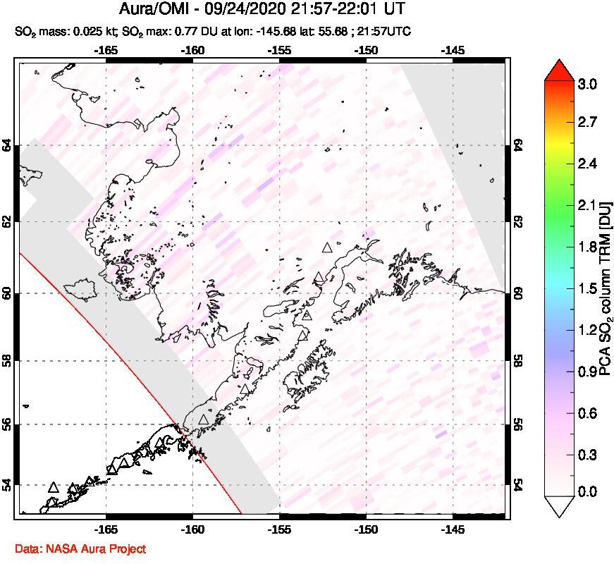 A sulfur dioxide image over Alaska, USA on Sep 24, 2020.