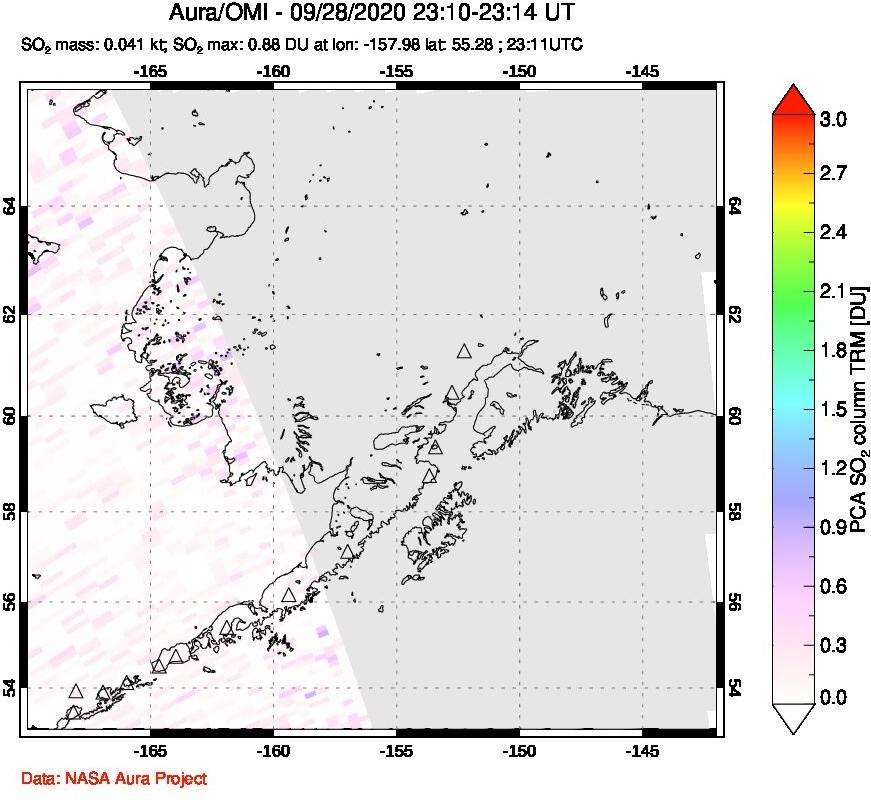A sulfur dioxide image over Alaska, USA on Sep 28, 2020.