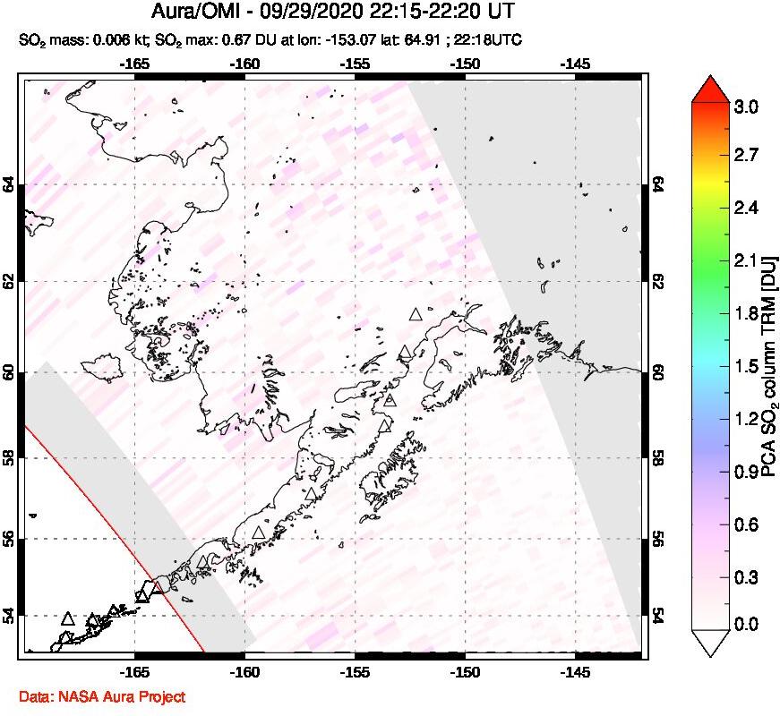 A sulfur dioxide image over Alaska, USA on Sep 29, 2020.