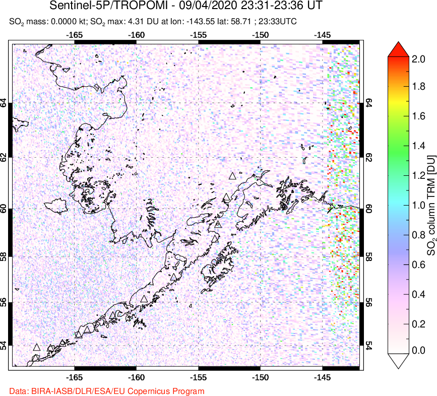 A sulfur dioxide image over Alaska, USA on Sep 04, 2020.