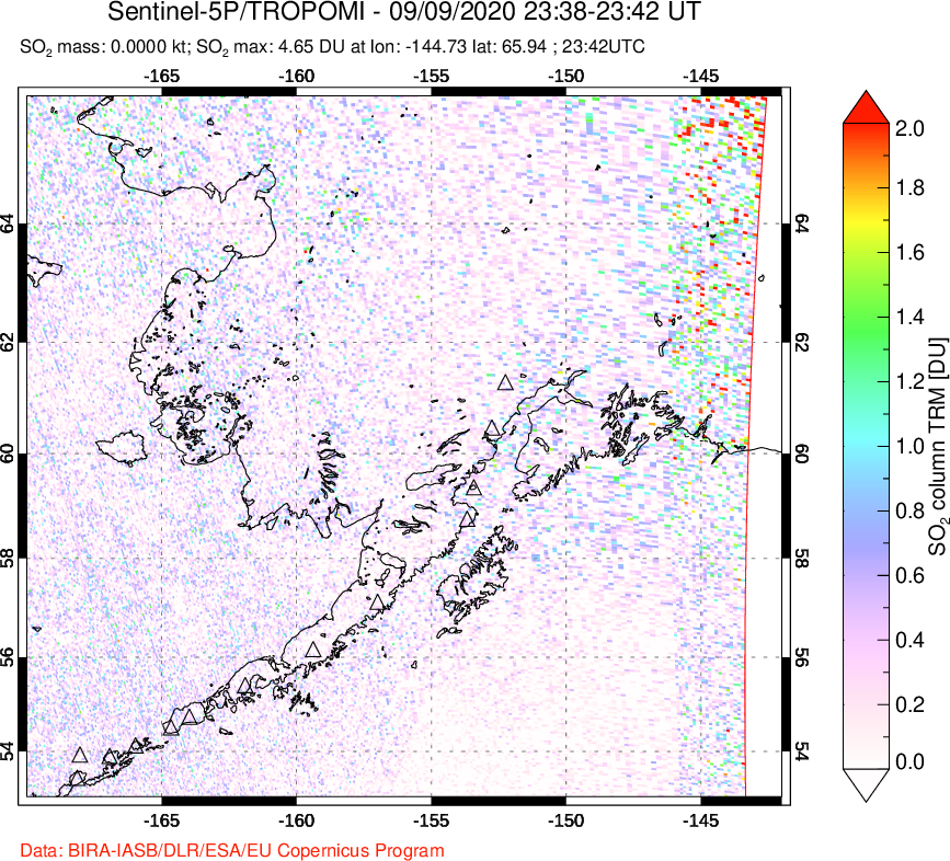 A sulfur dioxide image over Alaska, USA on Sep 09, 2020.