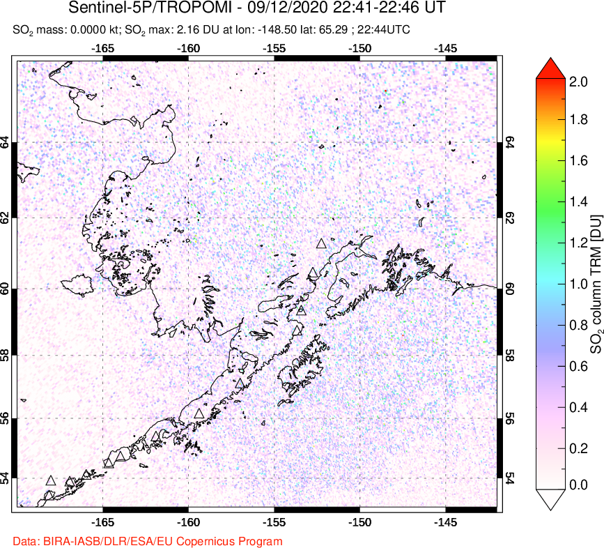 A sulfur dioxide image over Alaska, USA on Sep 12, 2020.