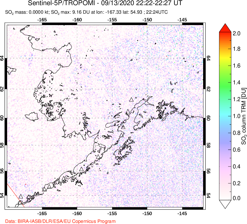 A sulfur dioxide image over Alaska, USA on Sep 13, 2020.