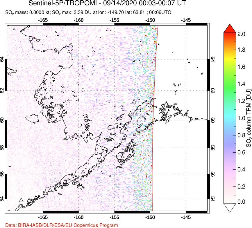A sulfur dioxide image over Alaska, USA on Sep 14, 2020.