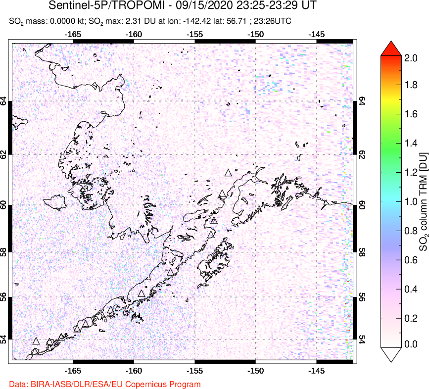 A sulfur dioxide image over Alaska, USA on Sep 15, 2020.