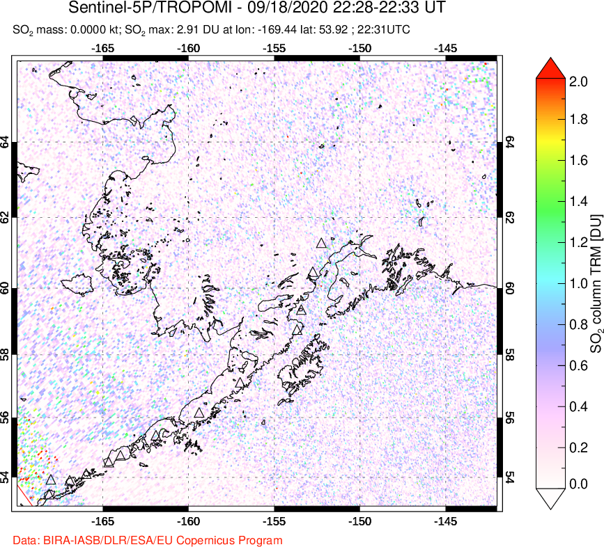 A sulfur dioxide image over Alaska, USA on Sep 18, 2020.