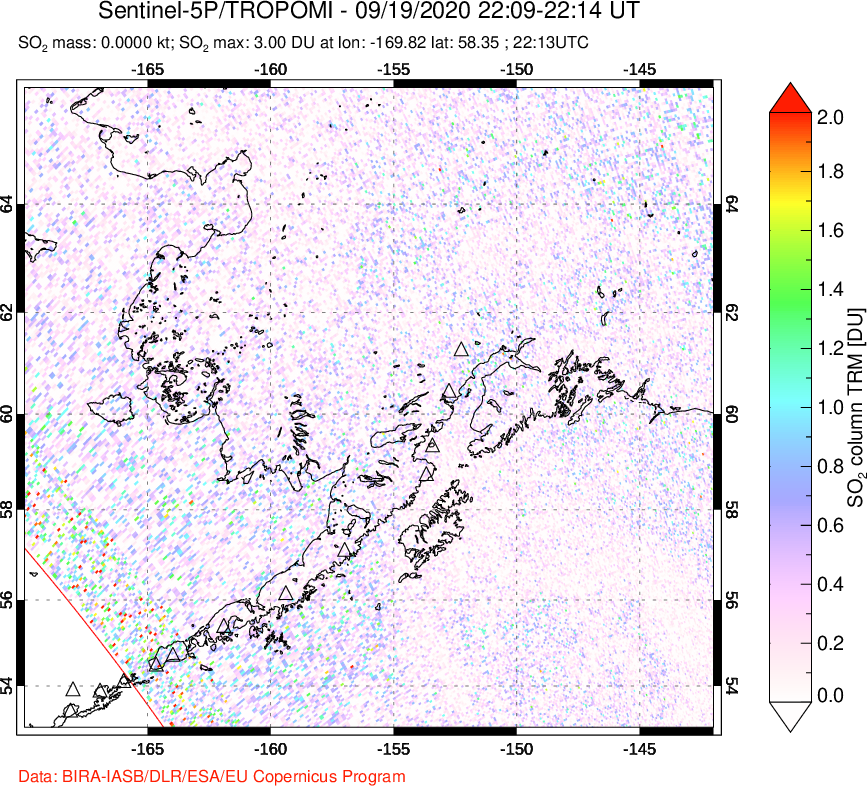 A sulfur dioxide image over Alaska, USA on Sep 19, 2020.