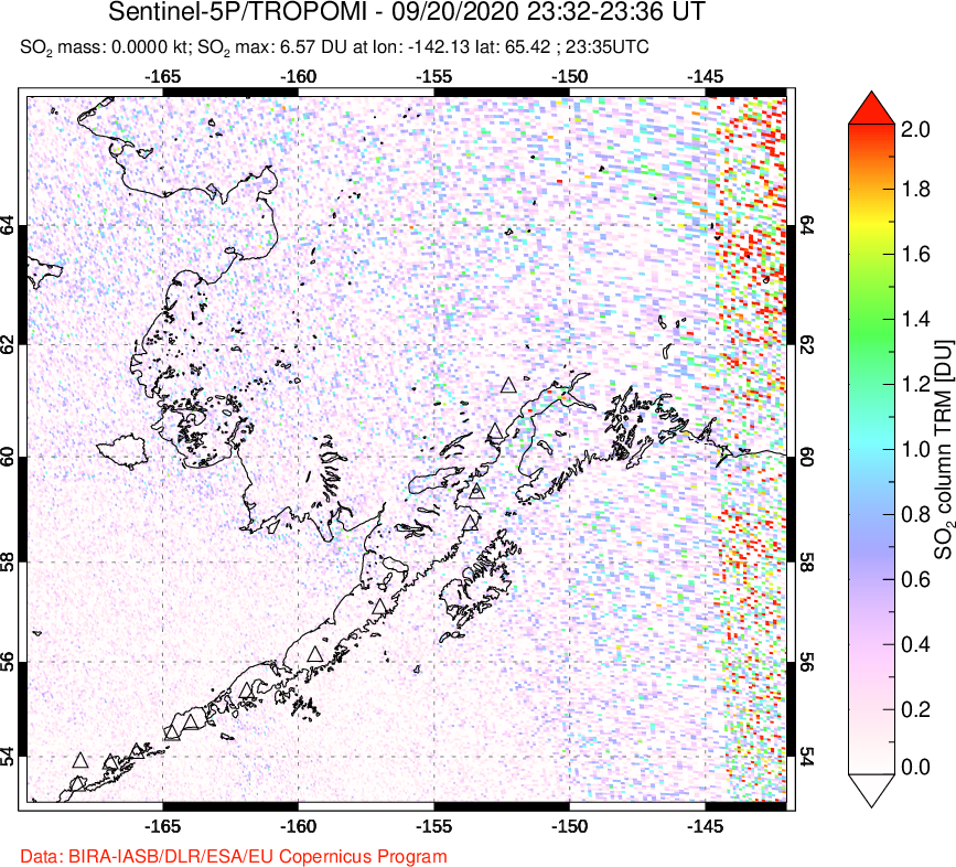 A sulfur dioxide image over Alaska, USA on Sep 20, 2020.