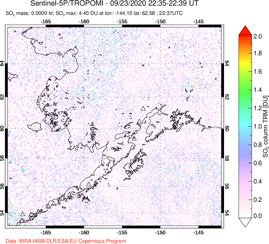 A sulfur dioxide image over Alaska, USA on Sep 23, 2020.