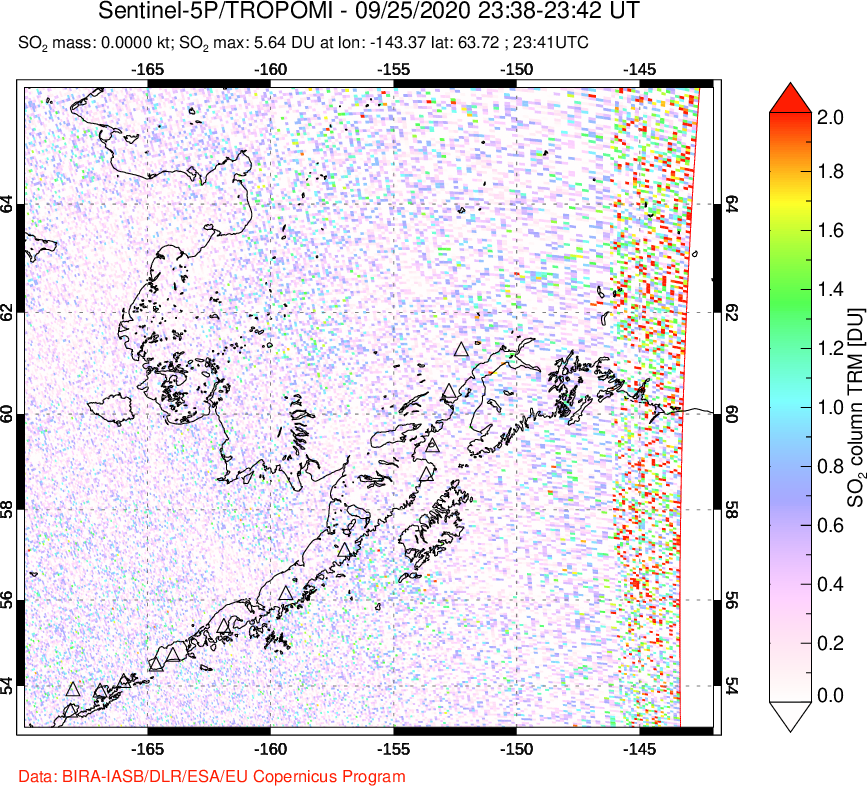A sulfur dioxide image over Alaska, USA on Sep 25, 2020.