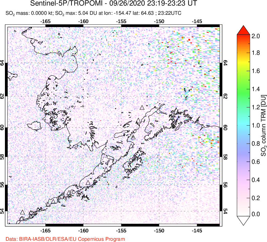 A sulfur dioxide image over Alaska, USA on Sep 26, 2020.