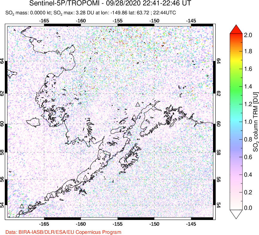 A sulfur dioxide image over Alaska, USA on Sep 28, 2020.