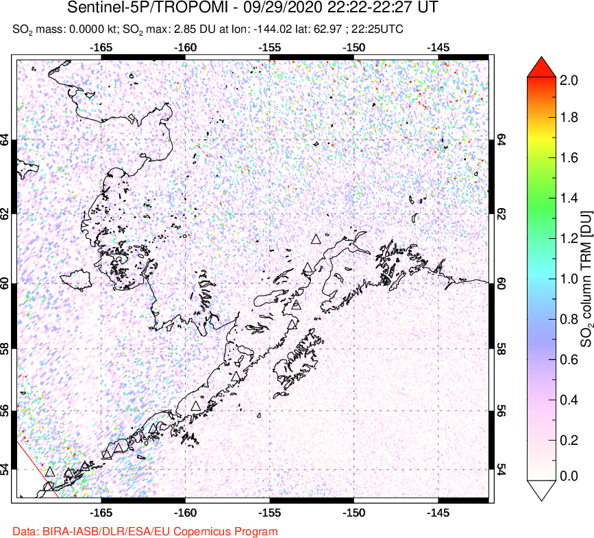 A sulfur dioxide image over Alaska, USA on Sep 29, 2020.