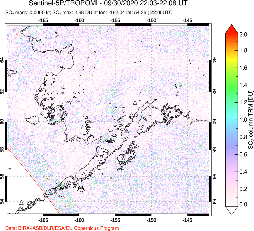 A sulfur dioxide image over Alaska, USA on Sep 30, 2020.
