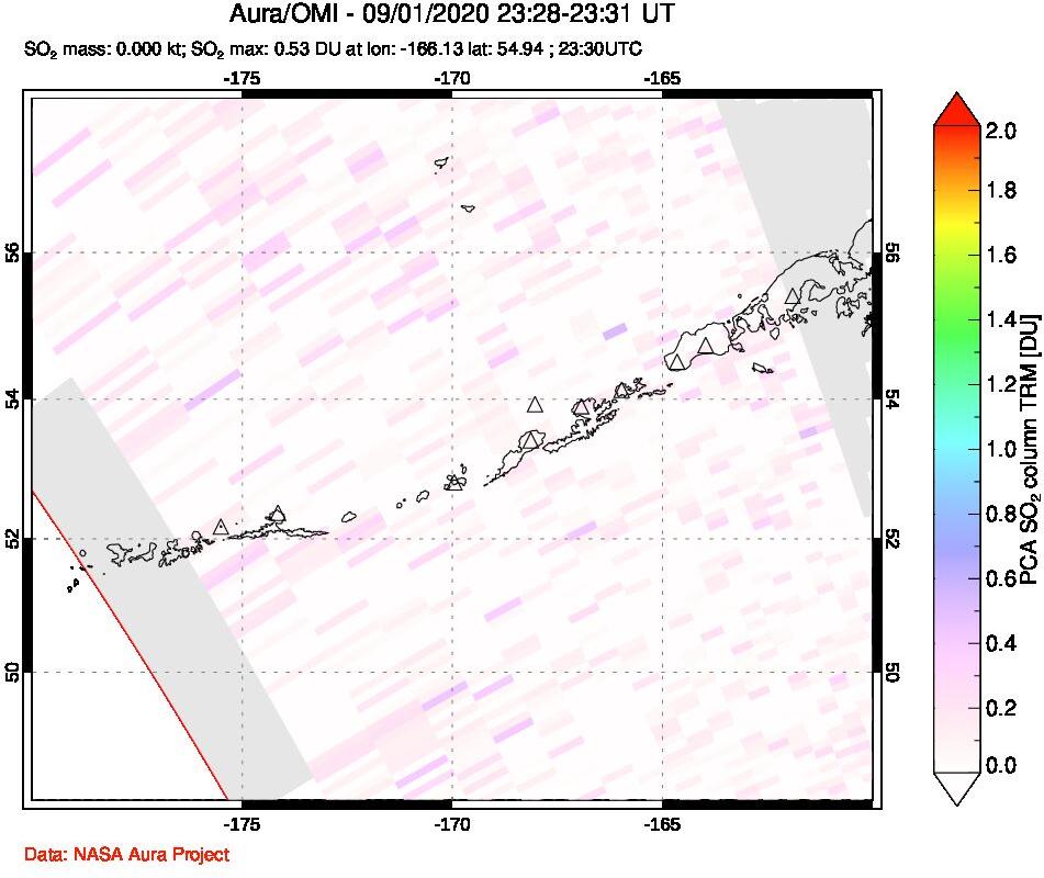 A sulfur dioxide image over Aleutian Islands, Alaska, USA on Sep 01, 2020.