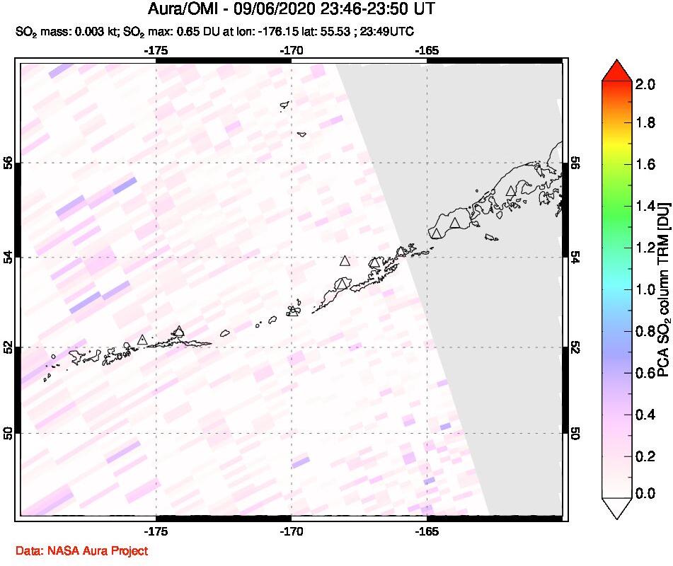 A sulfur dioxide image over Aleutian Islands, Alaska, USA on Sep 06, 2020.