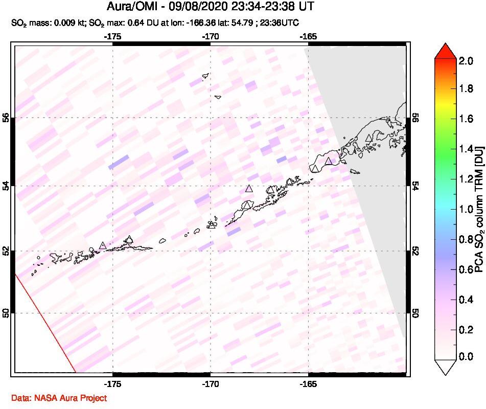 A sulfur dioxide image over Aleutian Islands, Alaska, USA on Sep 08, 2020.
