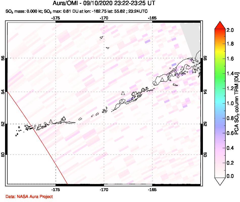 A sulfur dioxide image over Aleutian Islands, Alaska, USA on Sep 10, 2020.