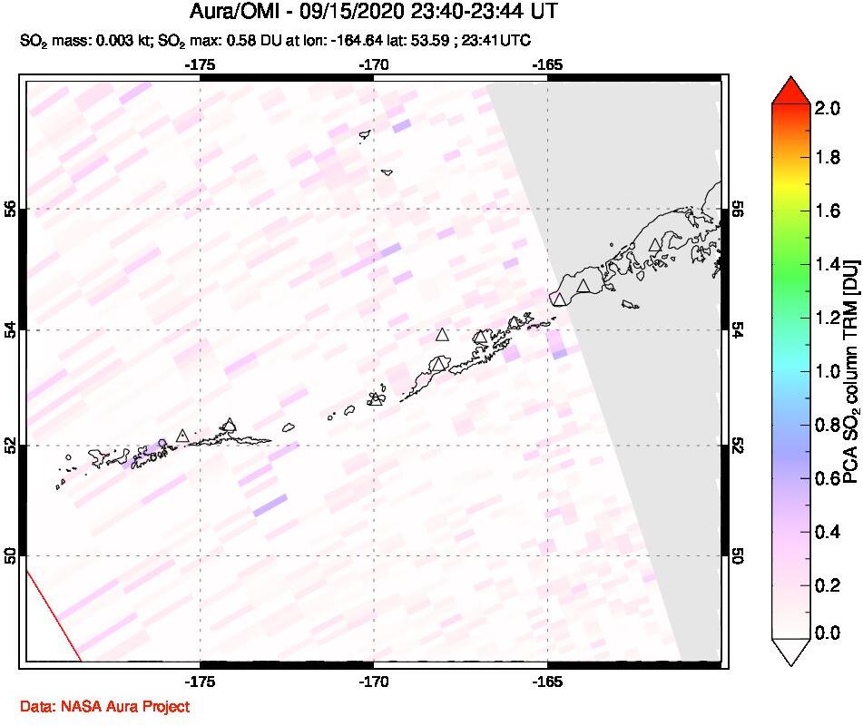 A sulfur dioxide image over Aleutian Islands, Alaska, USA on Sep 15, 2020.