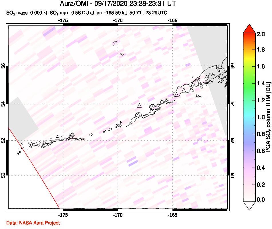 A sulfur dioxide image over Aleutian Islands, Alaska, USA on Sep 17, 2020.