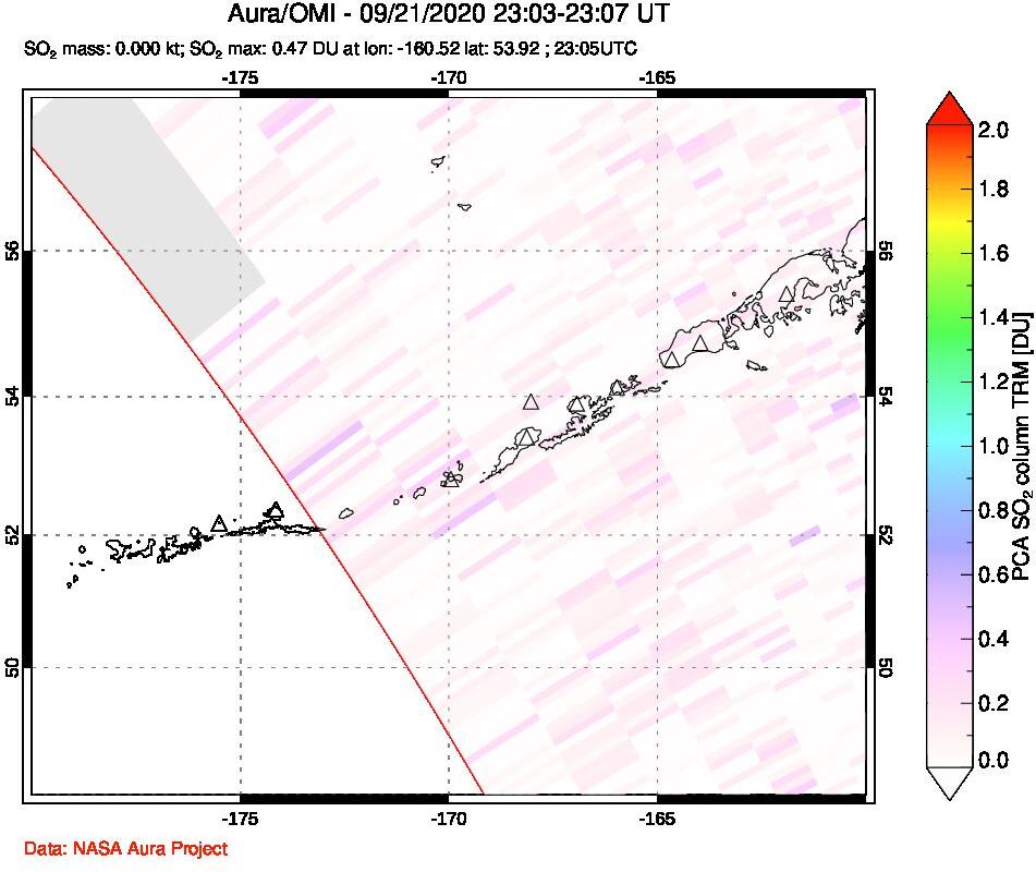 A sulfur dioxide image over Aleutian Islands, Alaska, USA on Sep 21, 2020.