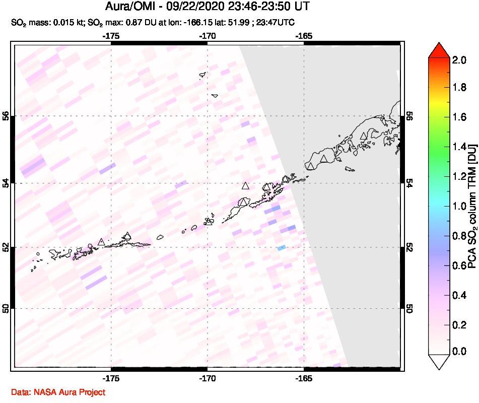 A sulfur dioxide image over Aleutian Islands, Alaska, USA on Sep 22, 2020.
