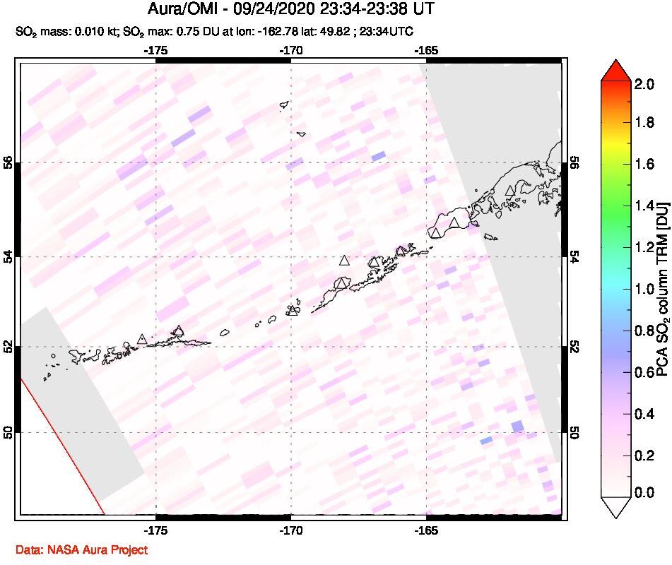 A sulfur dioxide image over Aleutian Islands, Alaska, USA on Sep 24, 2020.