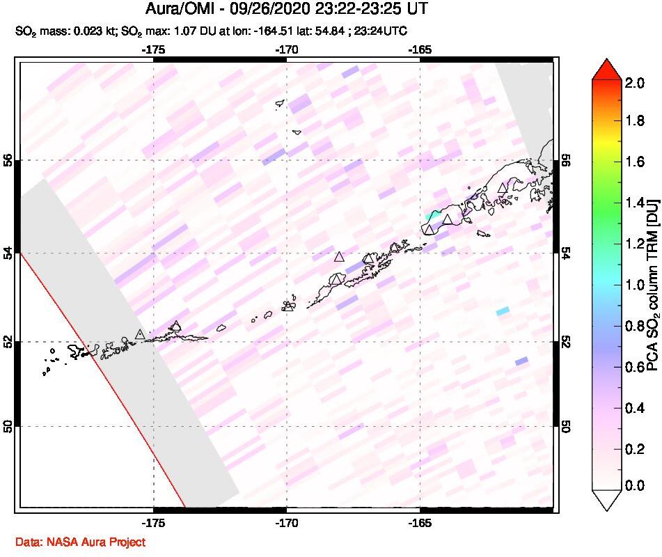 A sulfur dioxide image over Aleutian Islands, Alaska, USA on Sep 26, 2020.