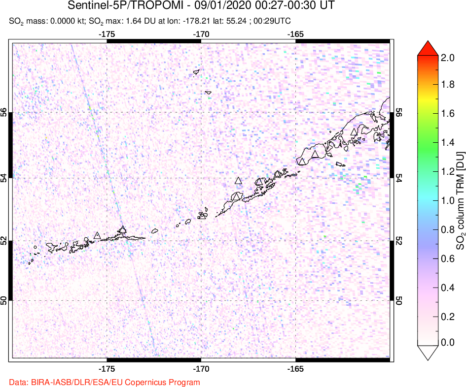 A sulfur dioxide image over Aleutian Islands, Alaska, USA on Sep 01, 2020.