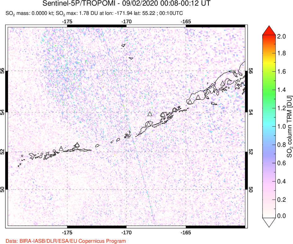A sulfur dioxide image over Aleutian Islands, Alaska, USA on Sep 02, 2020.