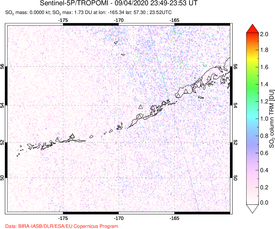 A sulfur dioxide image over Aleutian Islands, Alaska, USA on Sep 04, 2020.