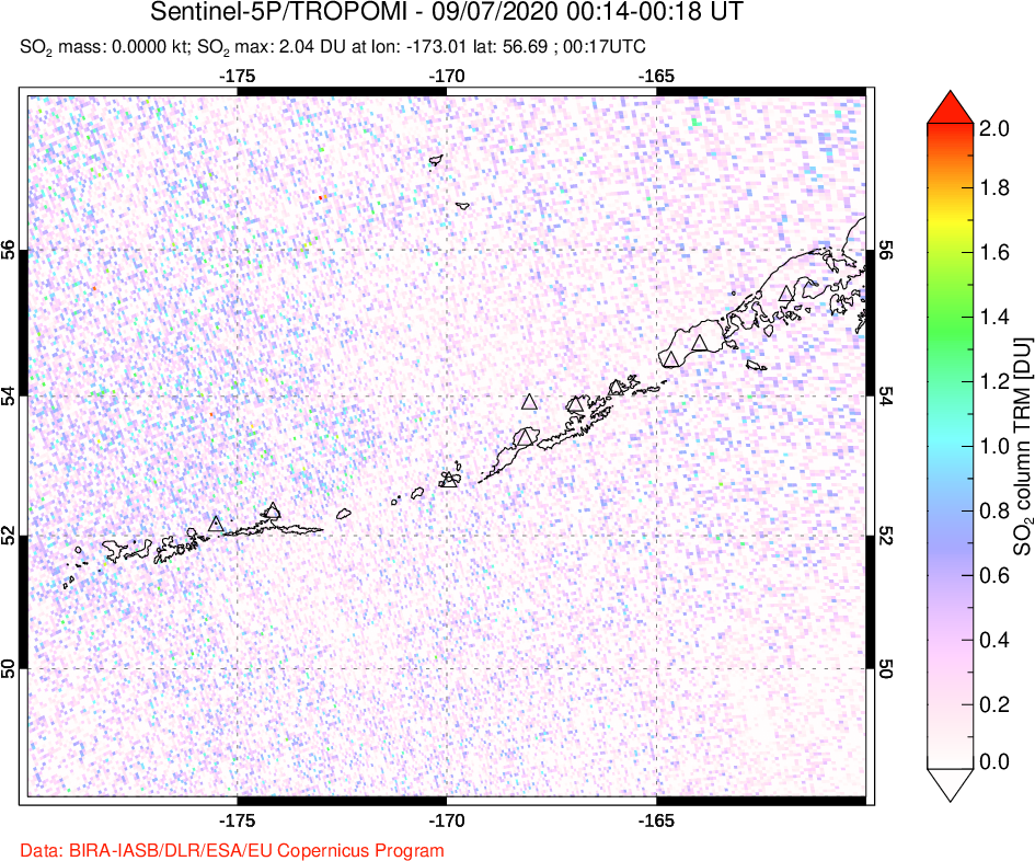 A sulfur dioxide image over Aleutian Islands, Alaska, USA on Sep 07, 2020.